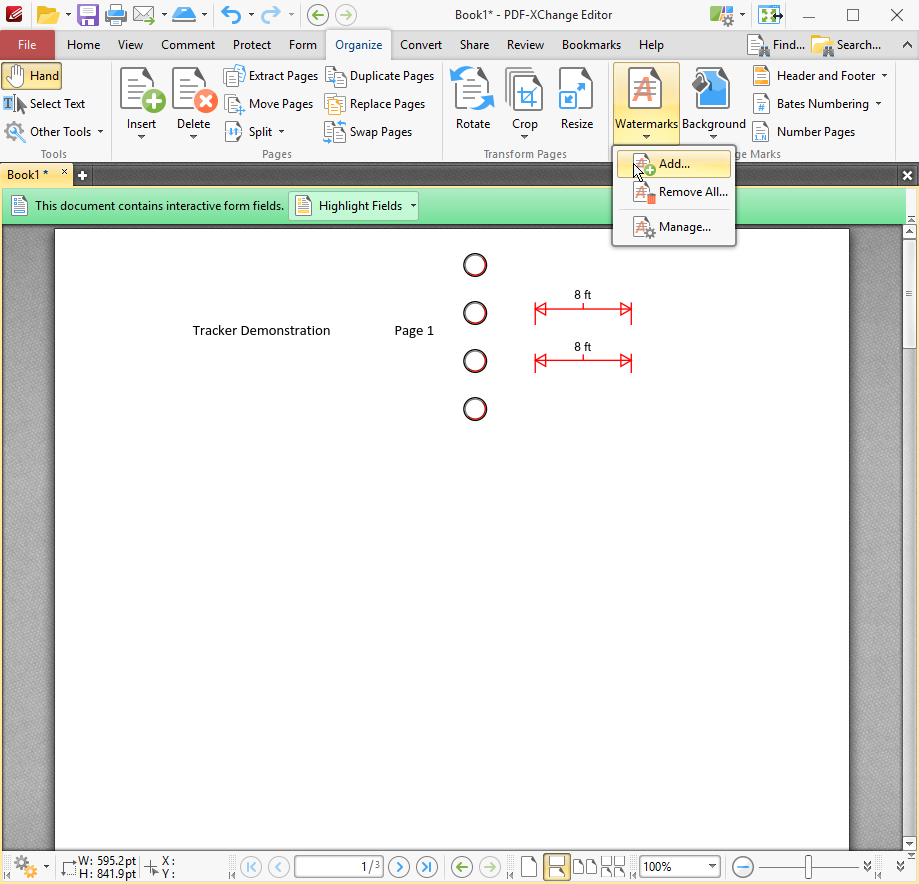 Меню Watermarks в PDF-XChange Editor