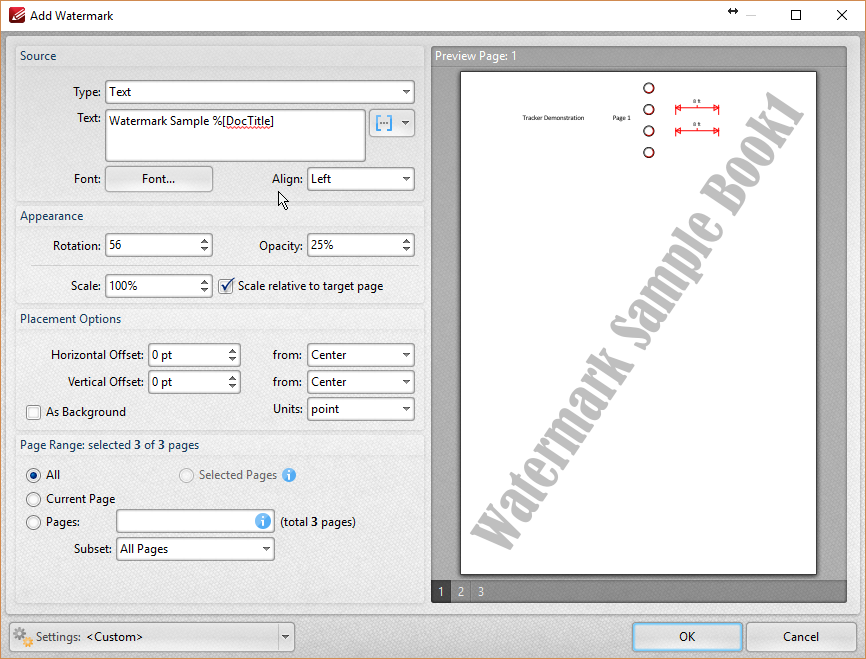 Окно Add Watermark в PDF-XChange Editor