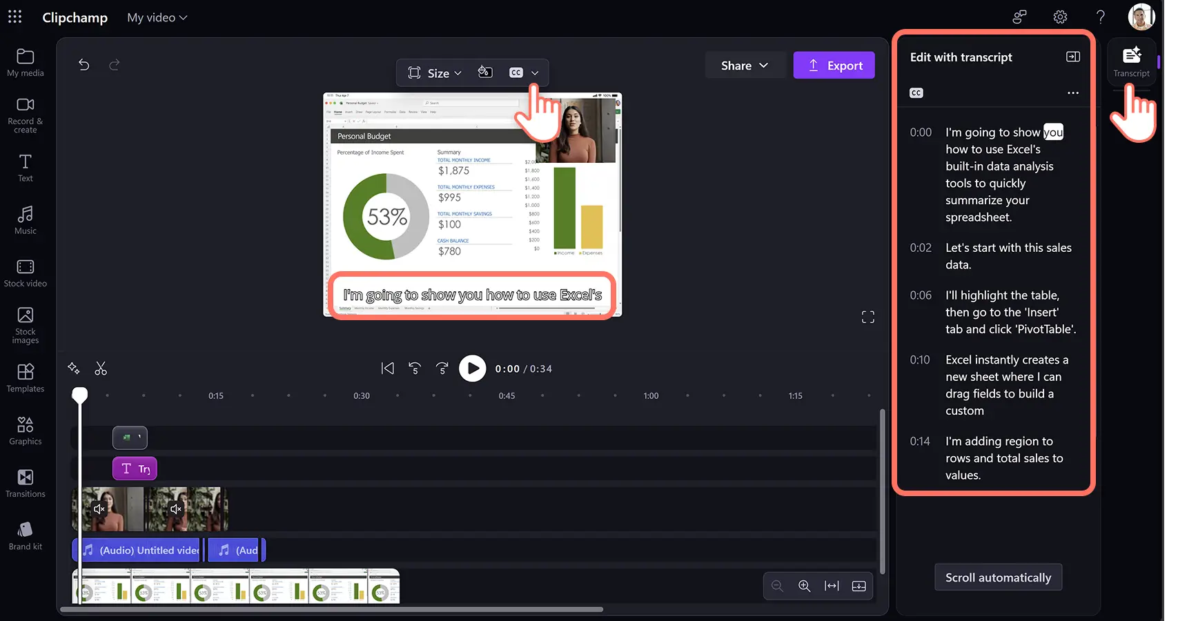 Автоматические субтитры и транскрипт в Clipchamp