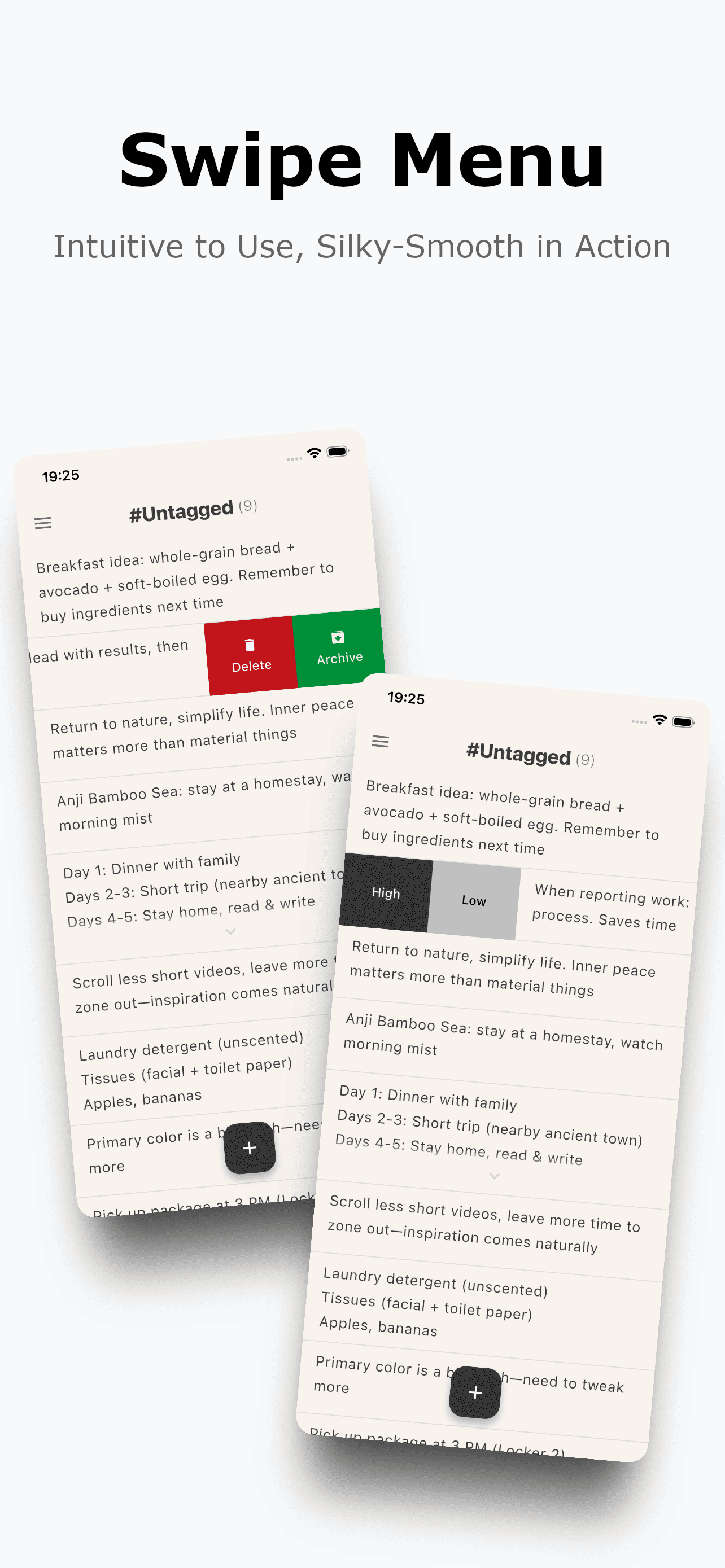 Свайповое меню Offnote с быстрыми действиями над заметками