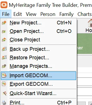Family Tree Builder — окно импорта GEDCOM и меню работы с данными