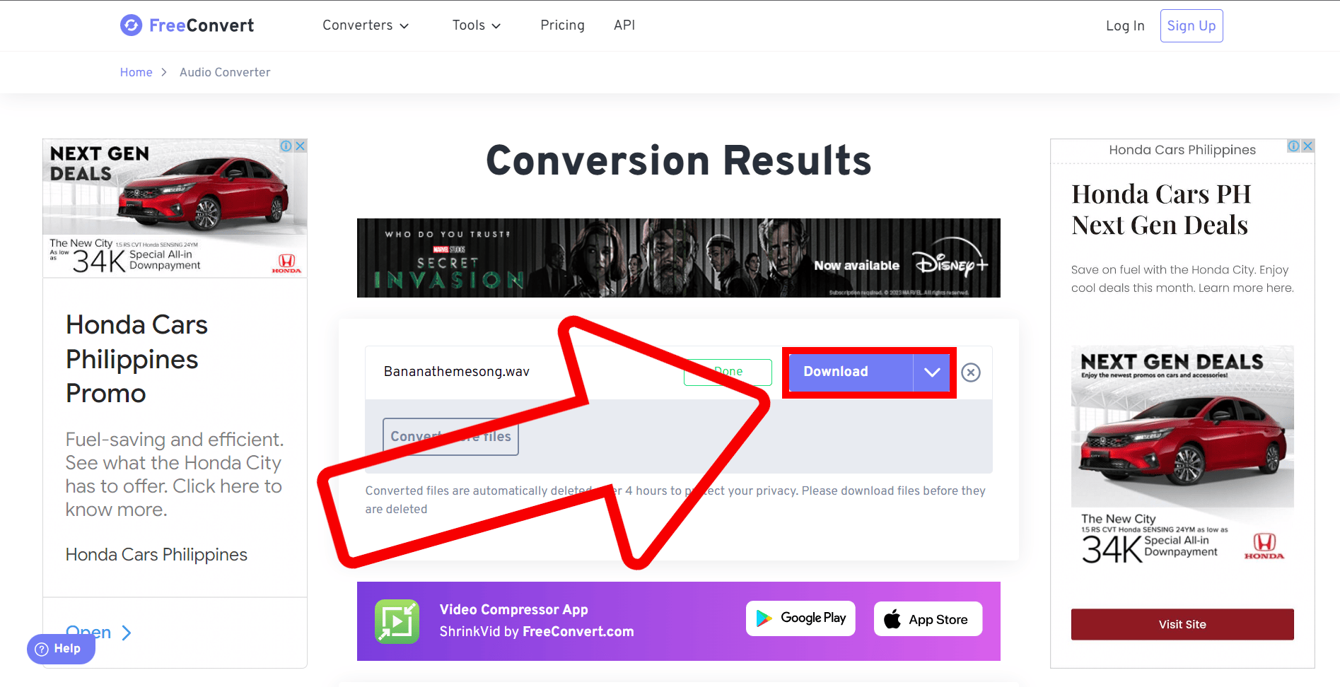 FreeConvert: готовый результат