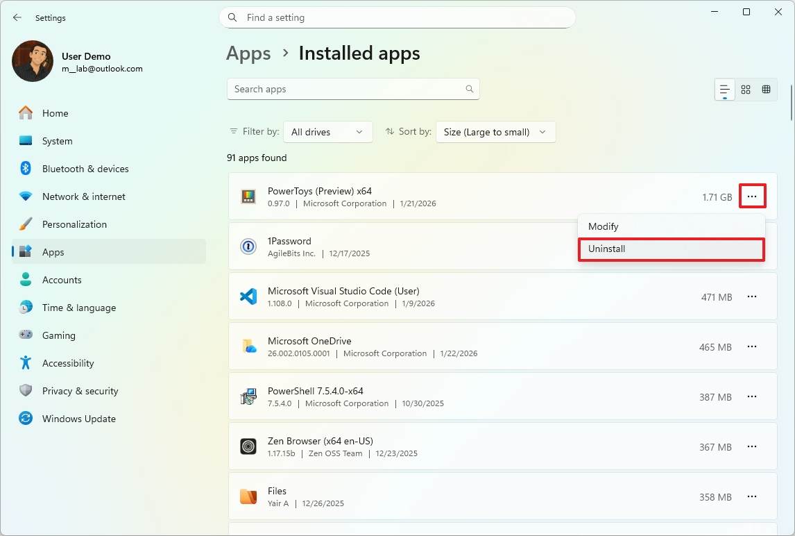 Удаление программы через список приложений