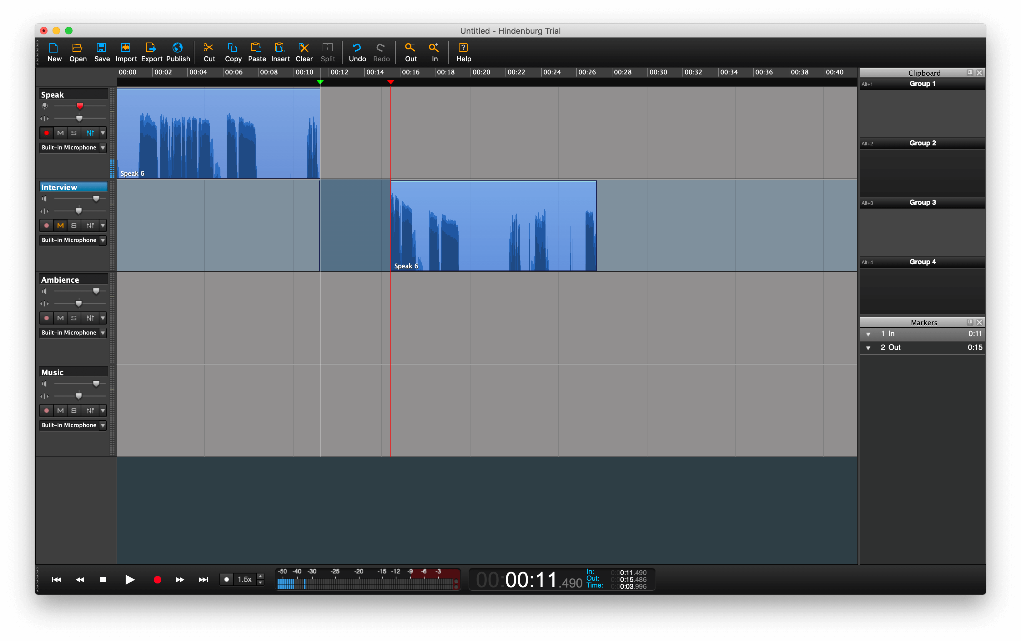 Фрагмент интерфейса Hindenburg Journalist Pro с монтажом клипов и вырезанием участка