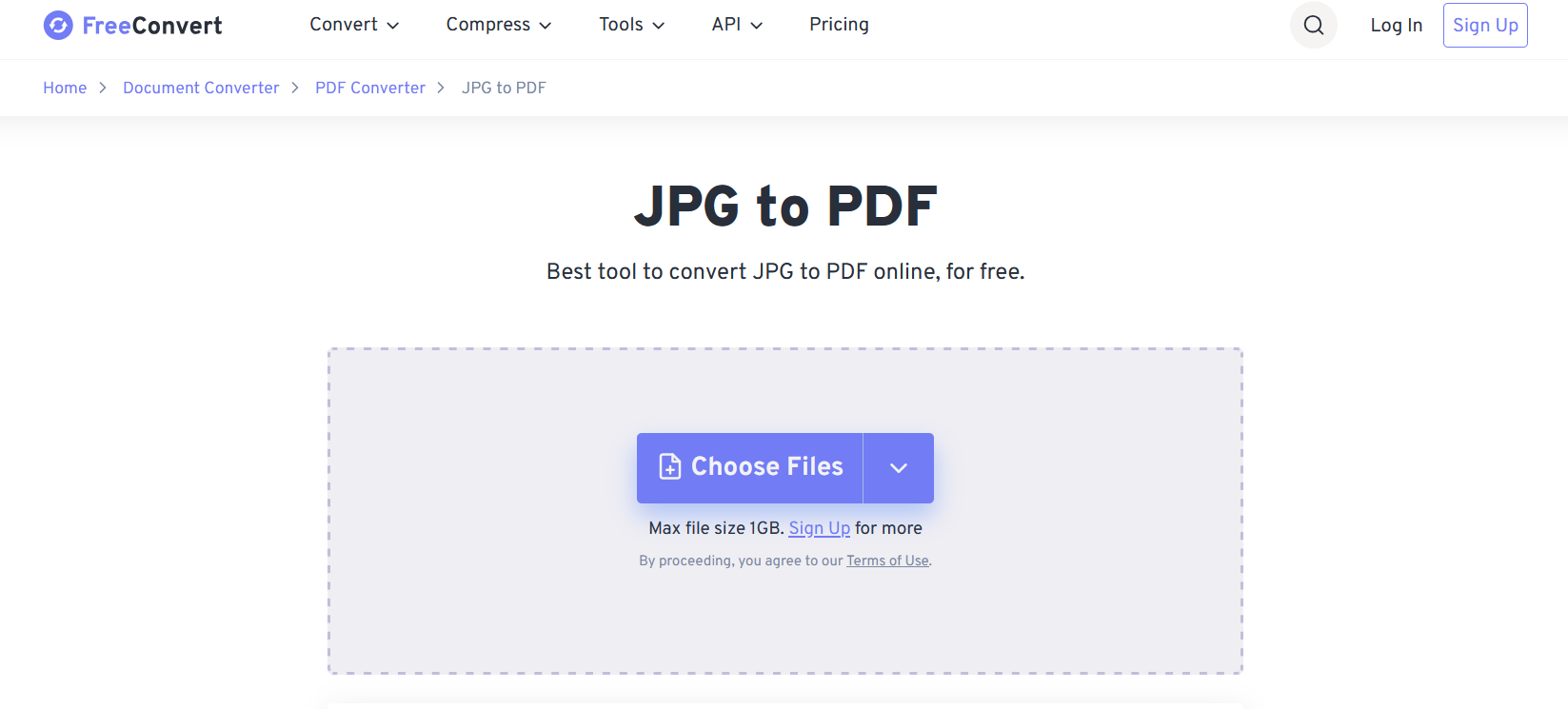FreeConvert: выбор PDF для изображения