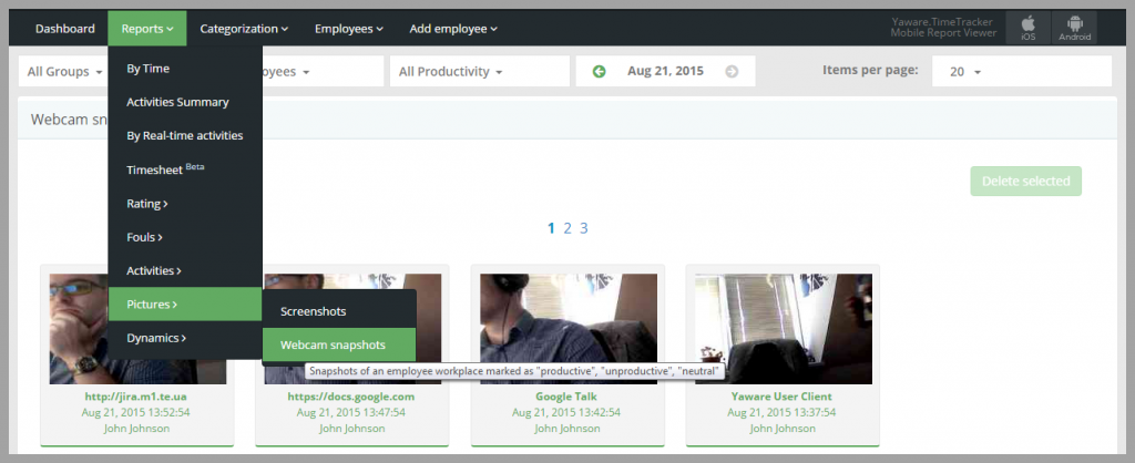Раздел Pictures → Webcam snapshots в Yaware.TimeTracker