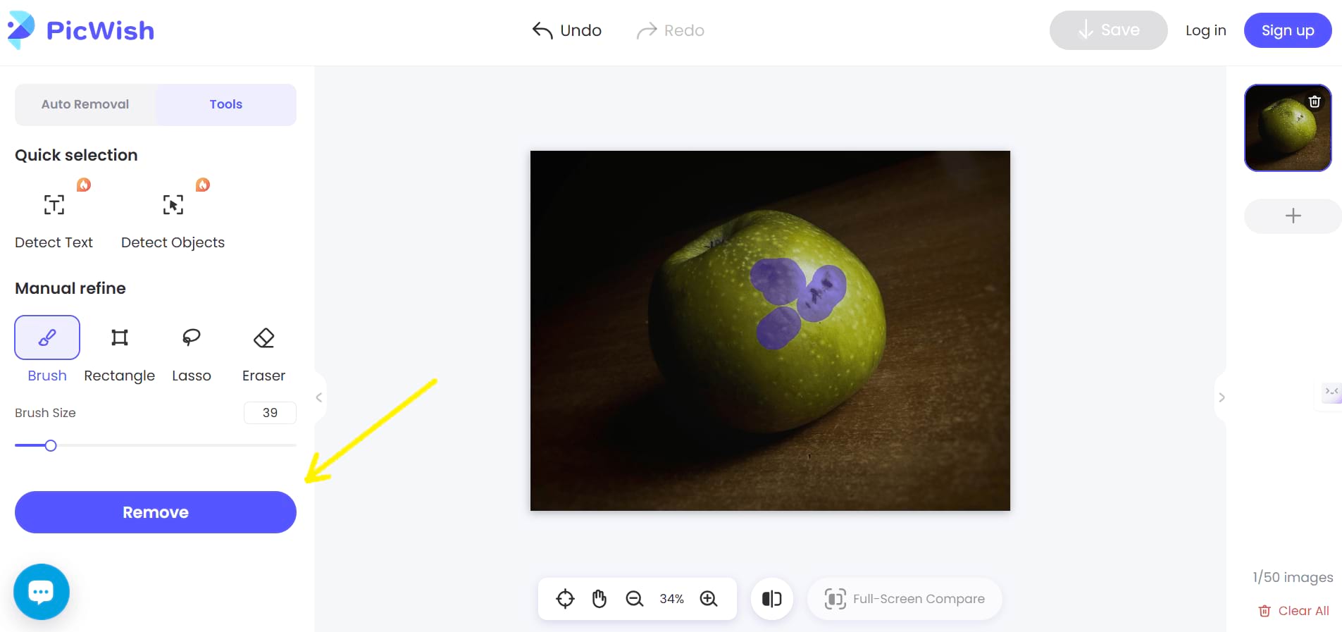 PicWish: выделение человека кистью для удаления