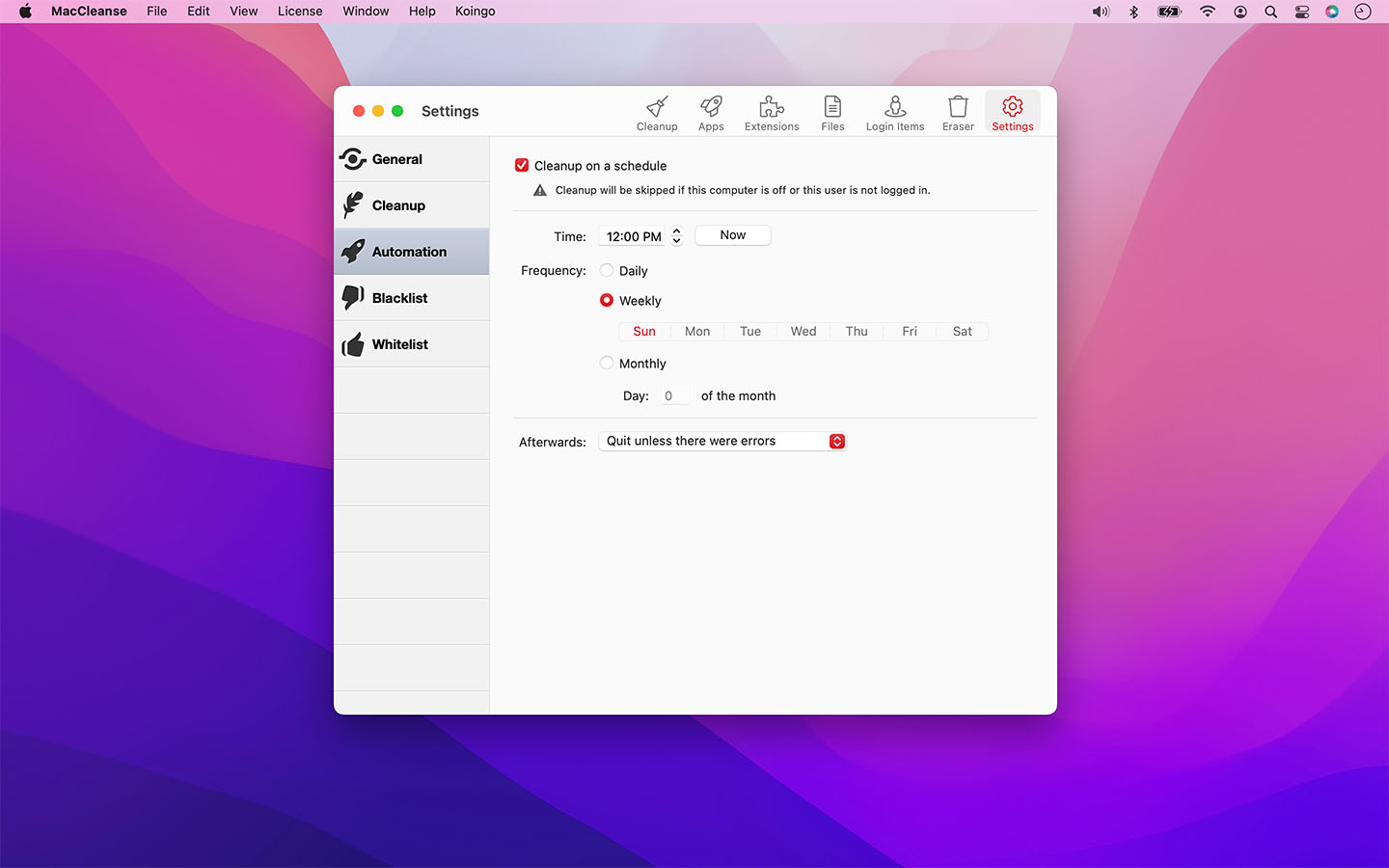 Настройки Automation в MacCleanse