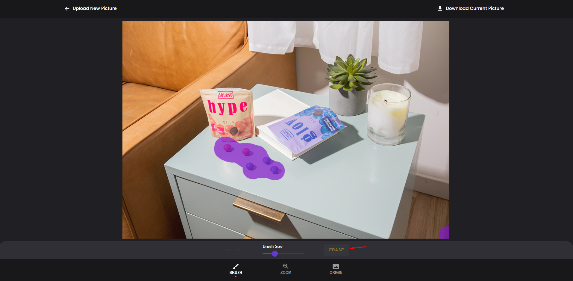 Рабочий экран ZMO Remover: Brush Size, BRUSH, ZOOM, ORIGIN и кнопка ERASE