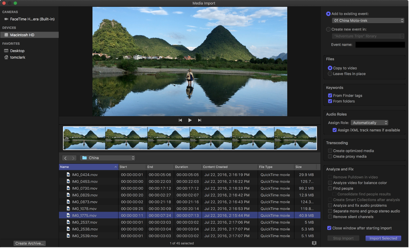 Final Cut Pro: окно Media Import