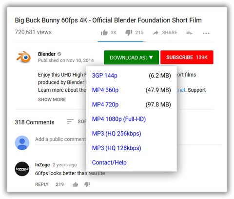 Easy Youtube Video Downloader For Opera — кнопка загрузки под роликом