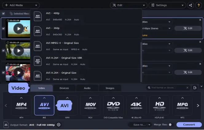 Movavi Video Converter: выбор профиля AVI