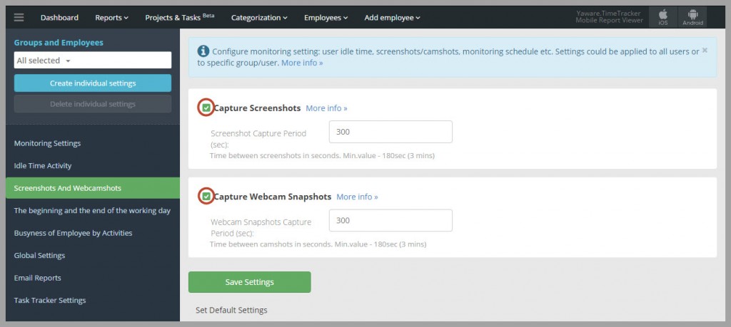 Настройка скриншотов и webcam snapshots в Yaware.TimeTracker