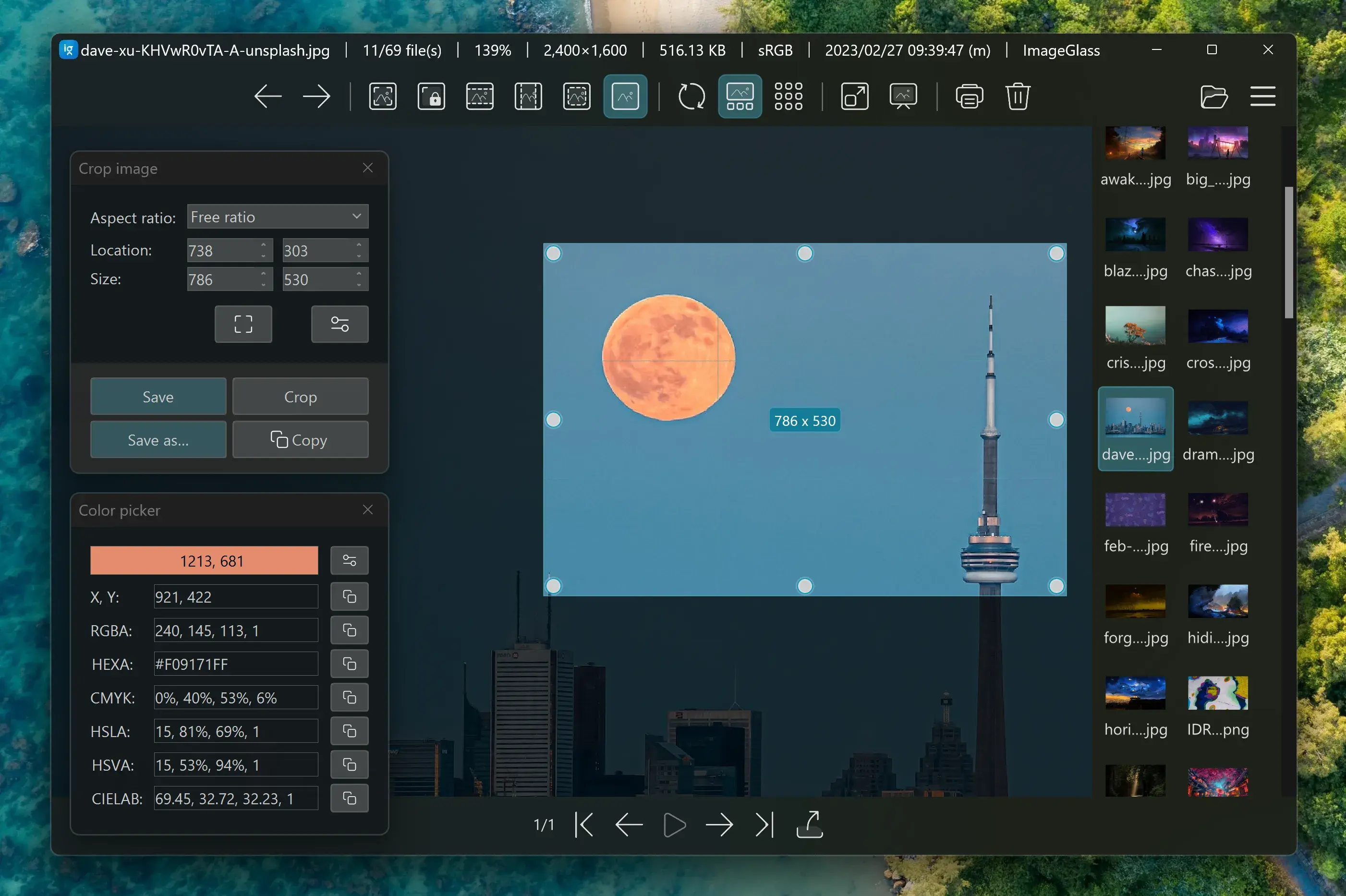 Инструменты Crop image и Color picker в ImageGlass