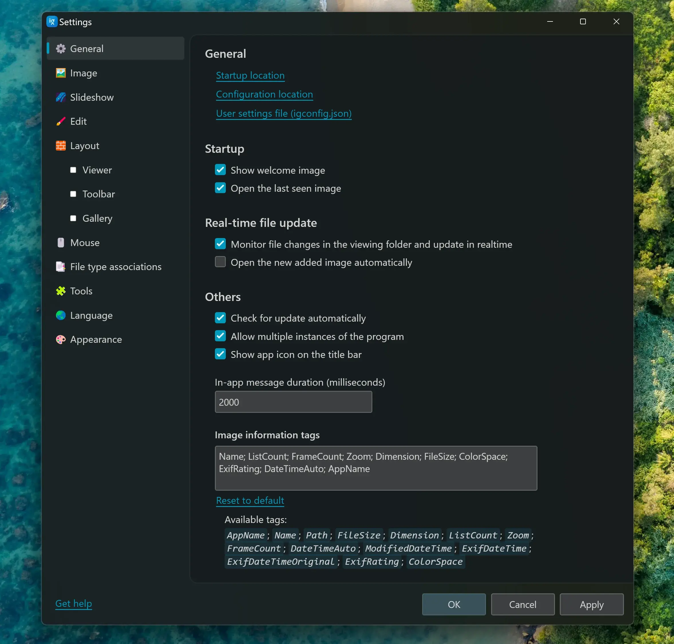 Окно Settings в ImageGlass: раздел General с настройками запуска и тегами информации об изображении
