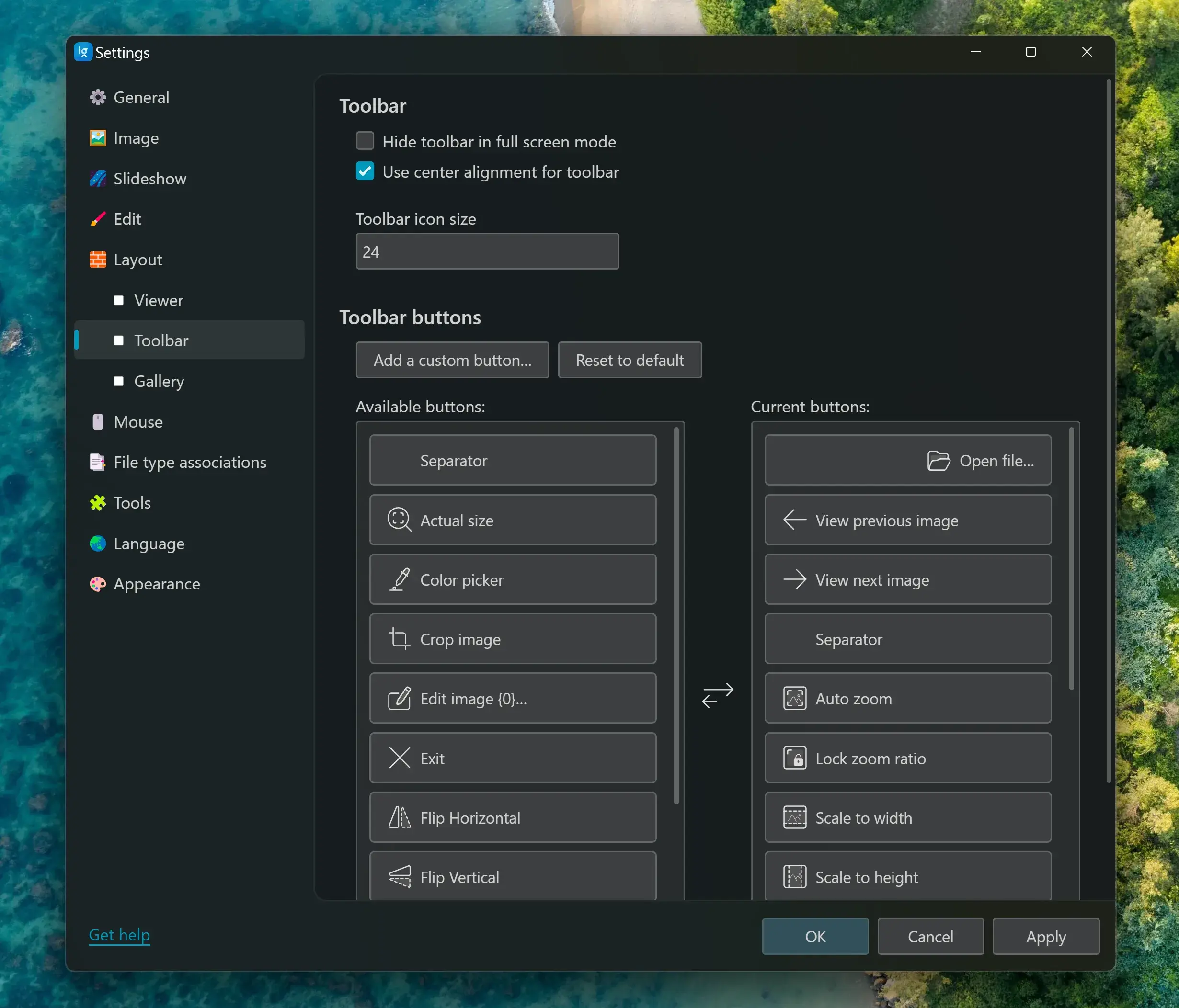 Настройка Toolbar в ImageGlass: доступные и текущие кнопки панели инструментов