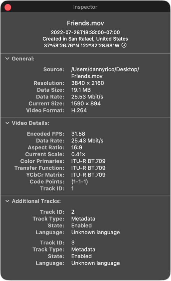 Окно Movie Inspector в QuickTime Player