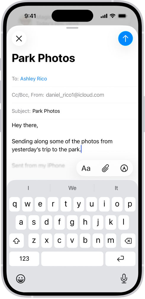 Скриншот Apple Mail на iPhone: создание письма и добавление вложений
