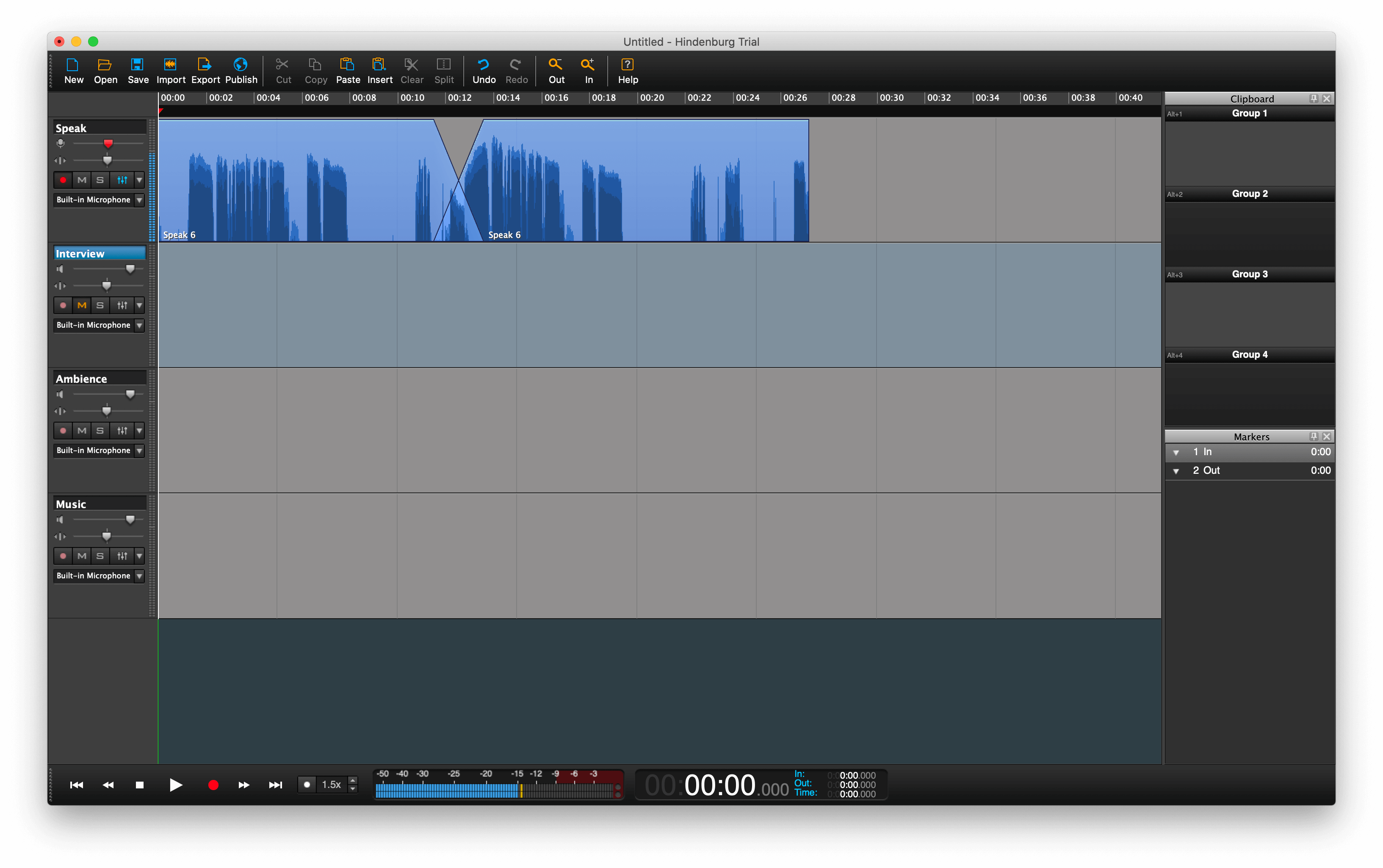 Пример crossfade в Hindenburg Journalist Pro между двумя соседними клипами