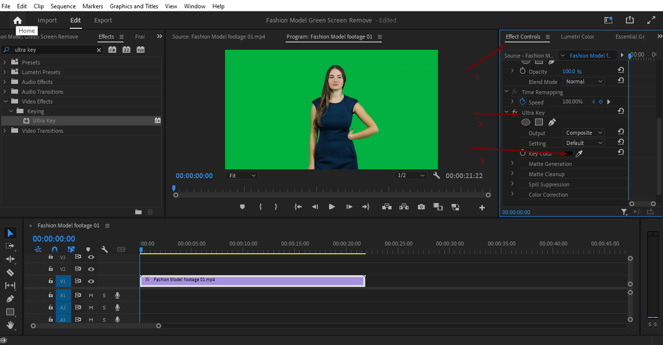 Premiere Pro: эффект Ultra Key в панели Effects и клип на таймлайне