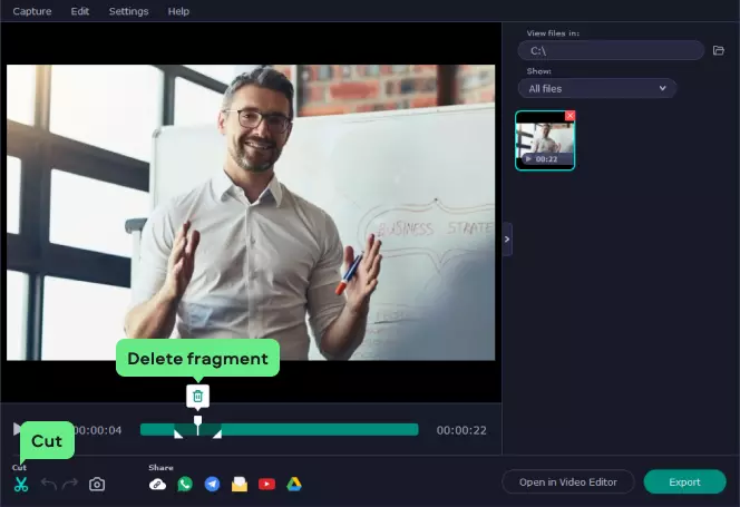 Окно предпросмотра и удаления лишнего фрагмента в Movavi Screen Recorder
