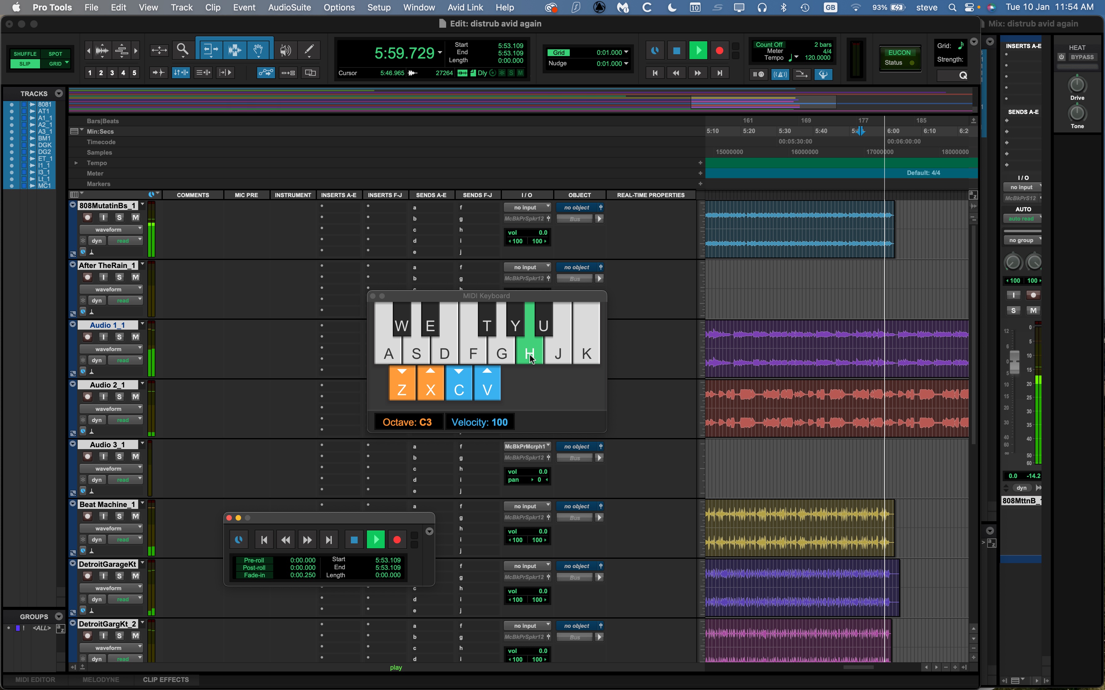 Экранная MIDI-клавиатура в Avid Pro Tools