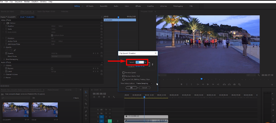 Adobe Premiere Pro — окно Speed/Duration