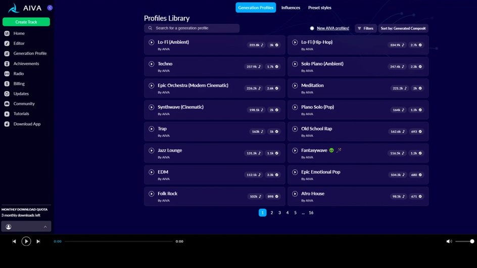 AIVA — интерфейс генерации музыки