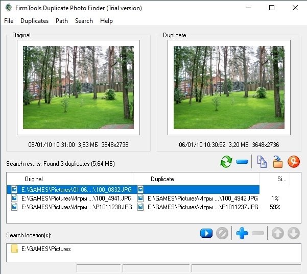 Результаты поиска FirmTools Duplicate Photo Finder с колонками Original, Duplicate и процентом похожести