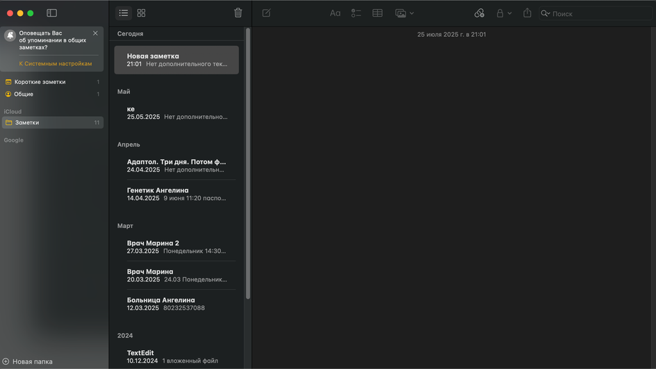 Скриншот интерфейса Apple Notes