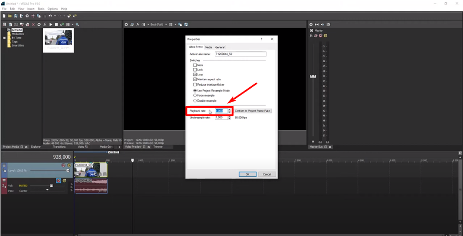 VEGAS Pro — изменение скорости через Playback rate