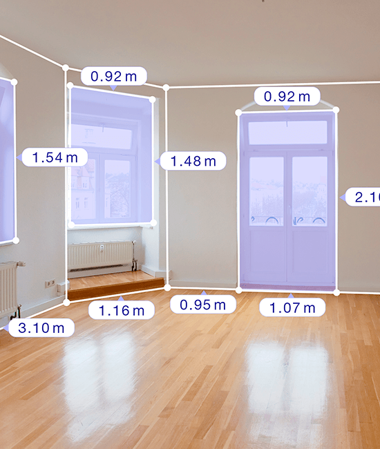 Интерфейс AR Plan 3D с измерением окон, дверей и стен камерой смартфона