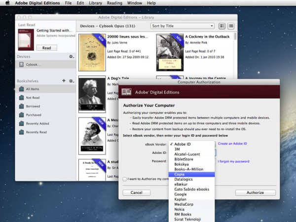 Adobe Digital Editions с библиотекой и окном авторизации на фоне подключенного устройства