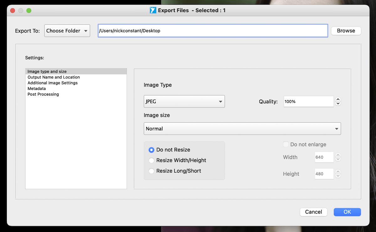 Окно Export Files в AfterShot Pro 3