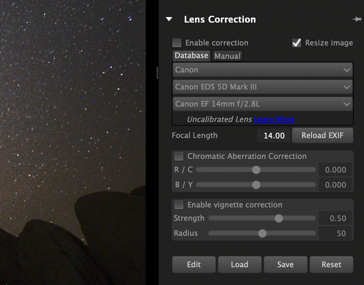 Панель Lens Correction в AfterShot Pro 3