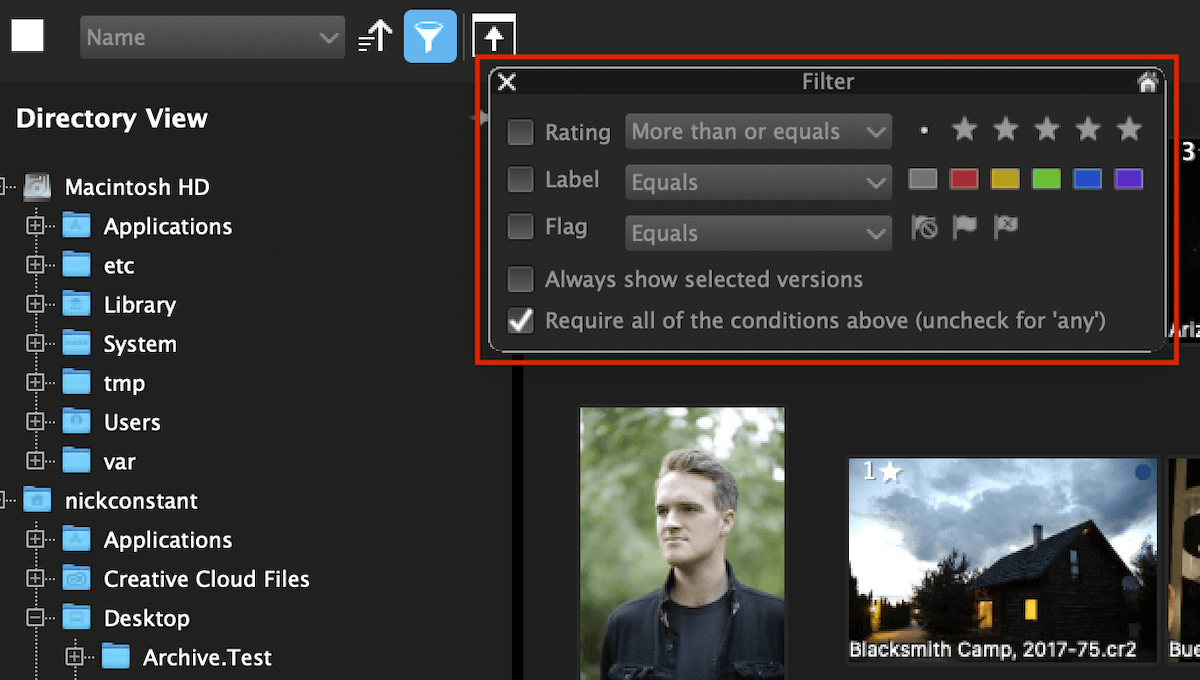 Фильтр AfterShot Pro 3 по Rating, Label и Flag