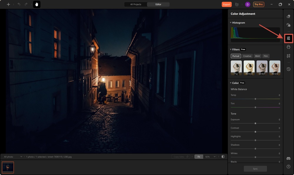 AirBrush Studio: панель цветовой коррекции для осветления изображения