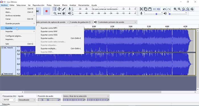 Экспорт аудио в Audacity