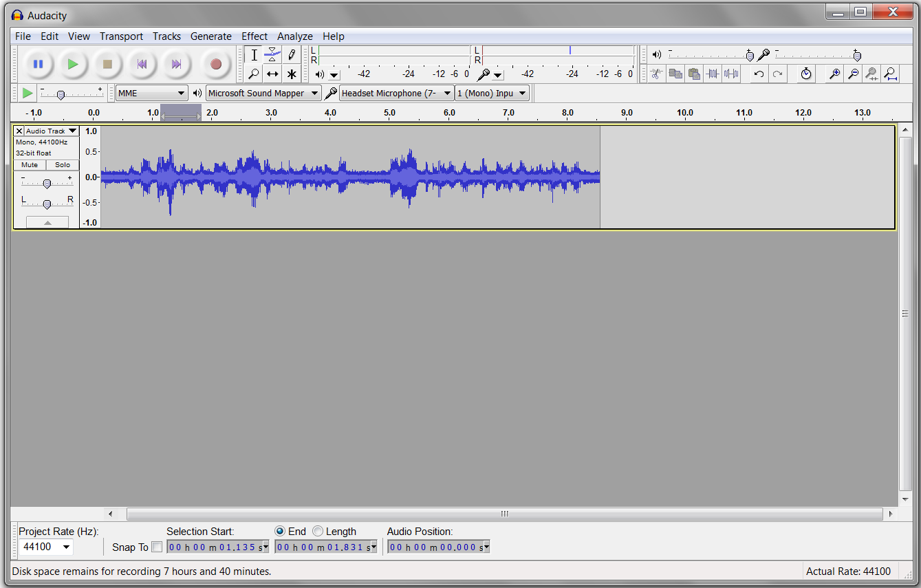Запись и волновая форма в Audacity