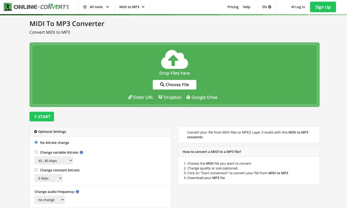 Online-Convert: форма загрузки MIDI в MP3