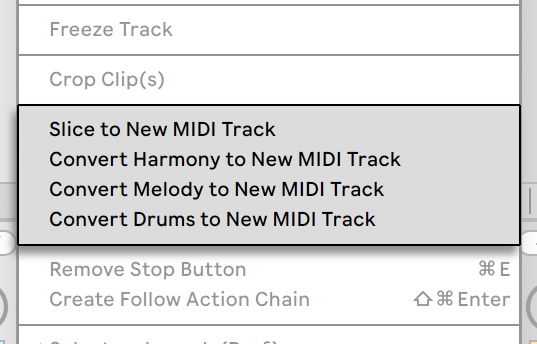 Команды Ableton Live для Convert Harmony, Melody и Drums to New MIDI Track