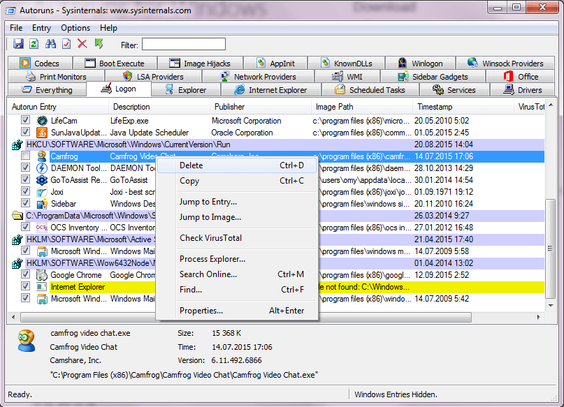 Контекстное меню Autoruns с командами Delete, Jump to Entry, Jump to Image, Check VirusTotal, Search Online и Properties