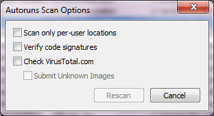 Окно Autoruns Scan Options с параметрами Verify code signatures, Check VirusTotal.com и Submit Unknown Images