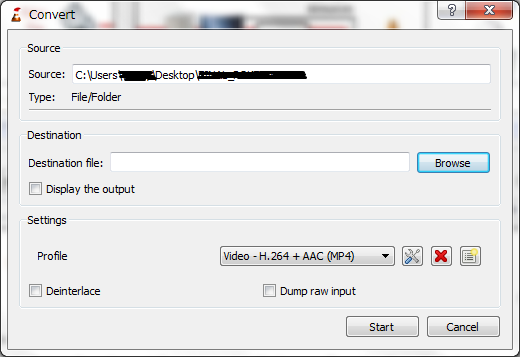 Окно Convert в VLC Media Player