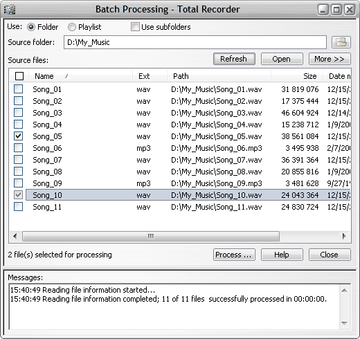Окно Batch Processing в Total Recorder