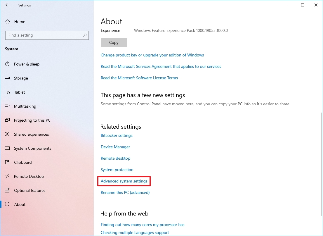 Переход к дополнительным параметрам системы