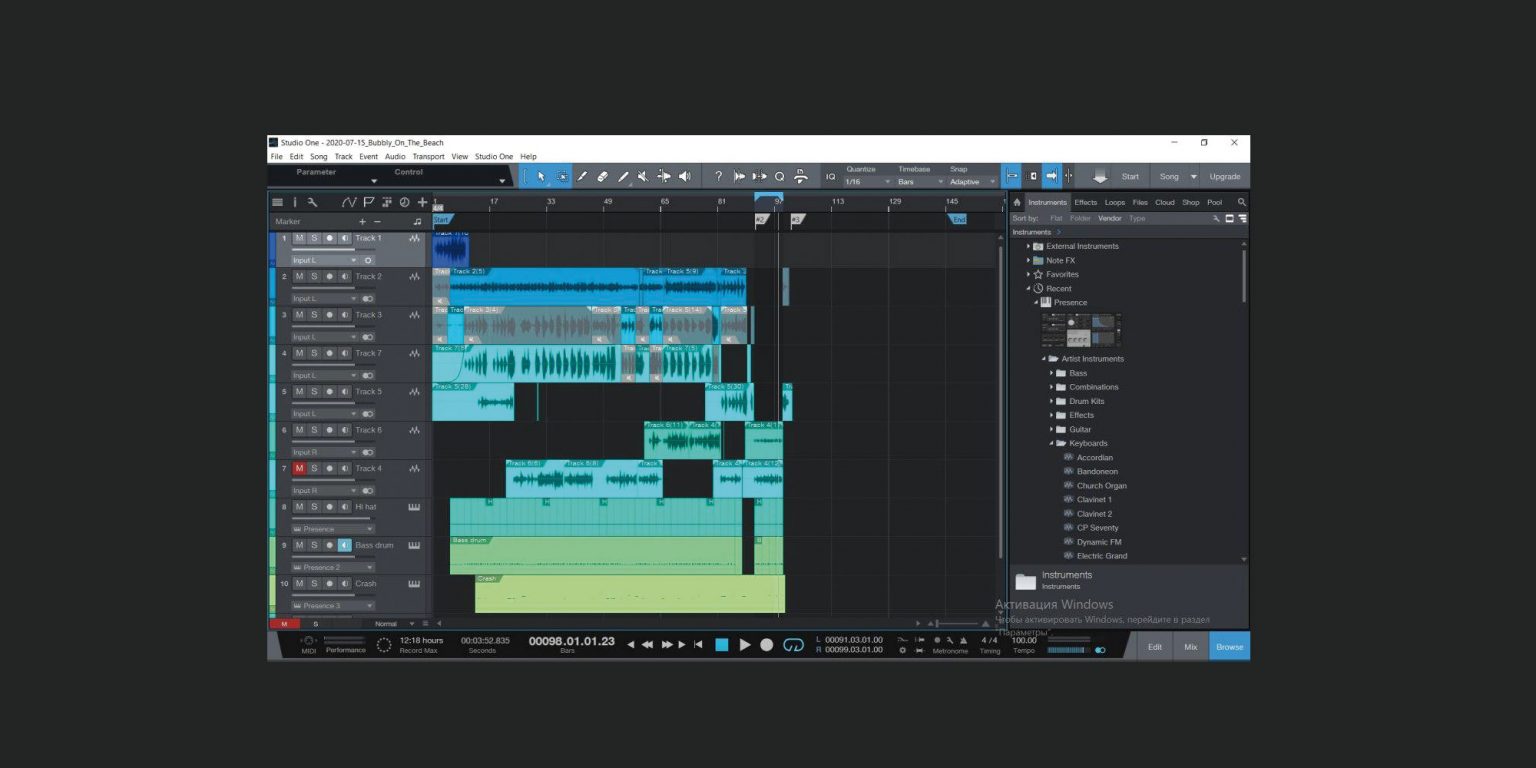 Studio One — рабочее окно DAW