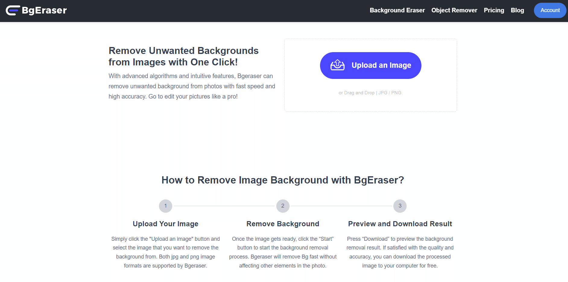 Главный экран BgEraser с кнопкой Upload an Image и блоком инструкции