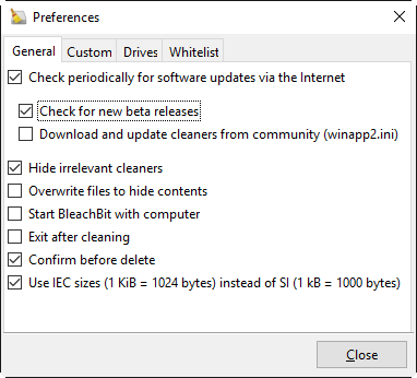 Окно Preferences в BleachBit