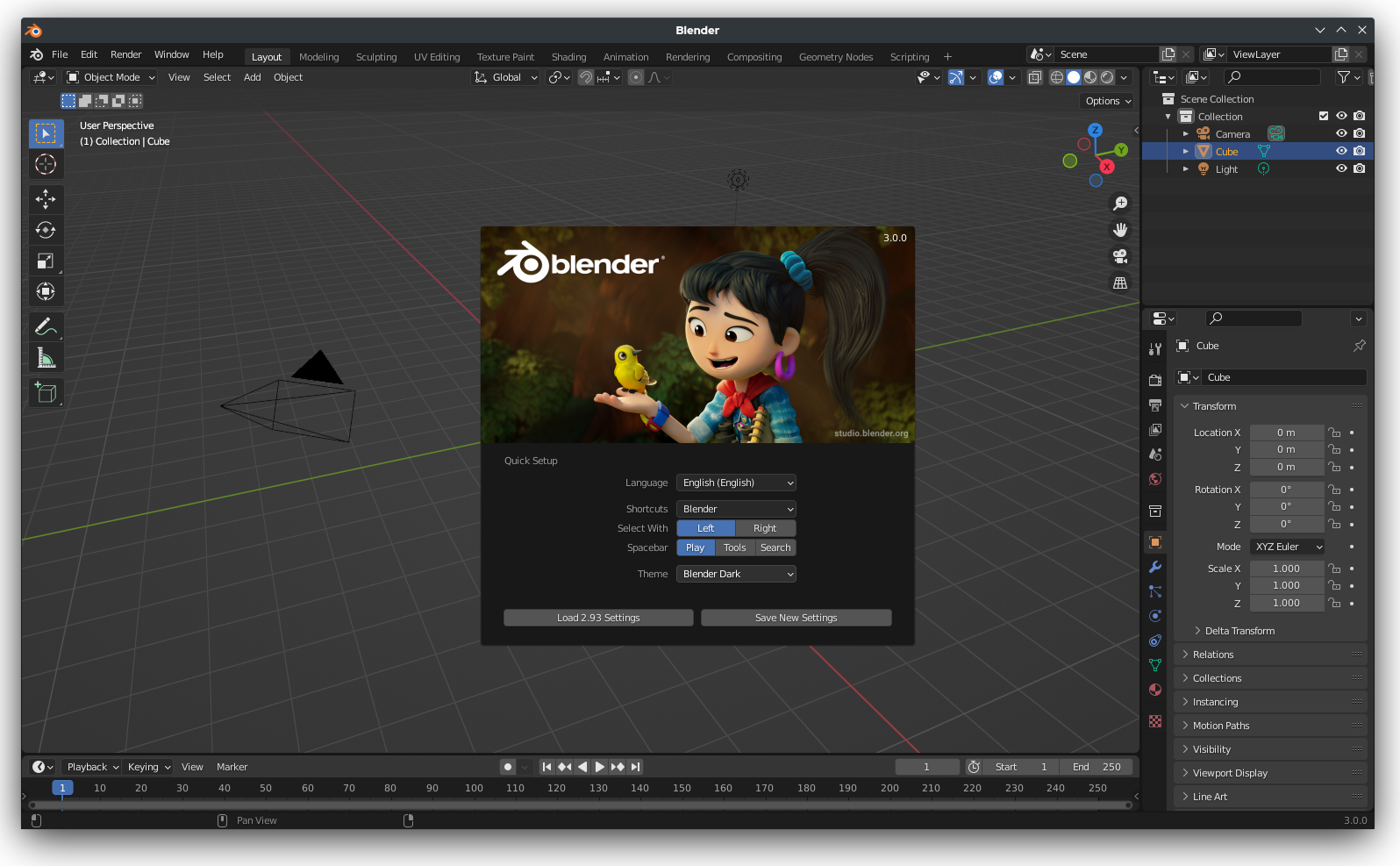 Интерфейс Blender с основной сценой и рабочими областями